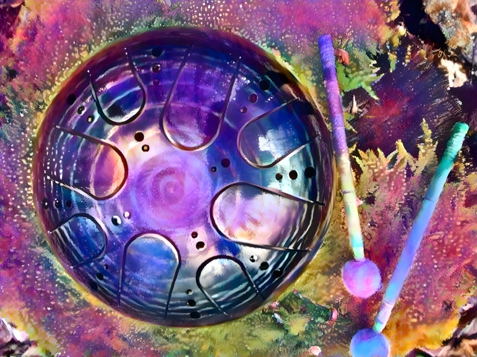 Vibrant Multicolored Handpan Drum with Artistic Textures