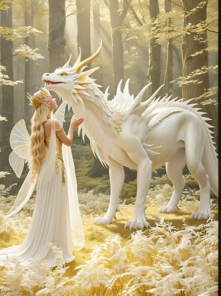Mystical Forest Scene with Woman and White Dragon