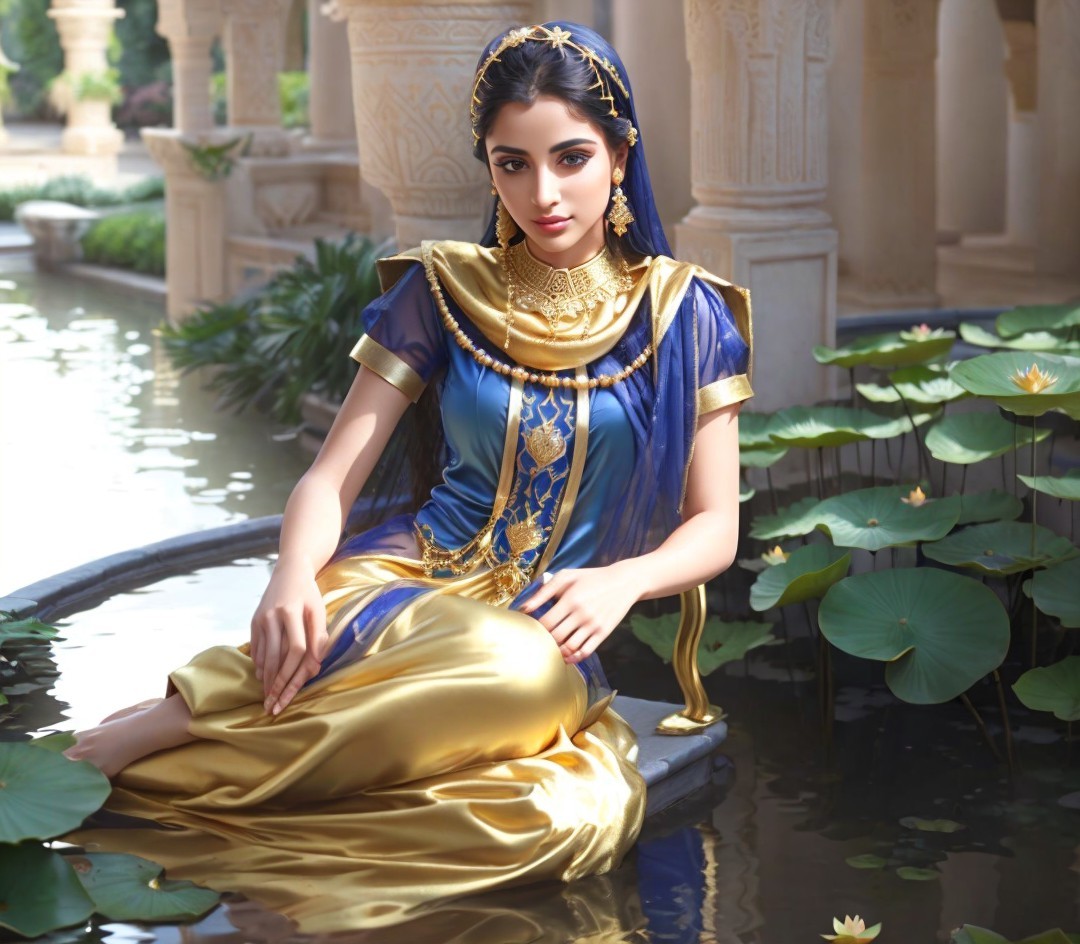 Young Woman by Serene Water Surrounded by Lotus Leaves