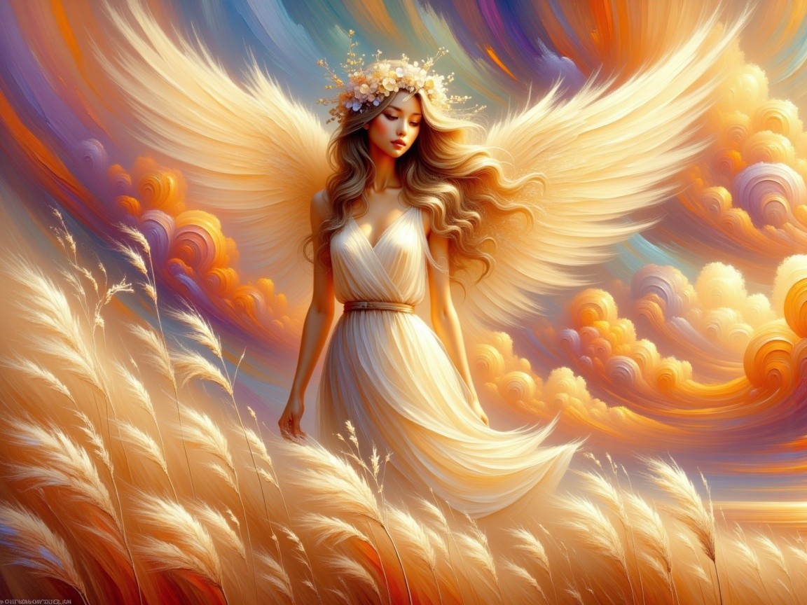 Serene angel in golden grasses under vibrant sky