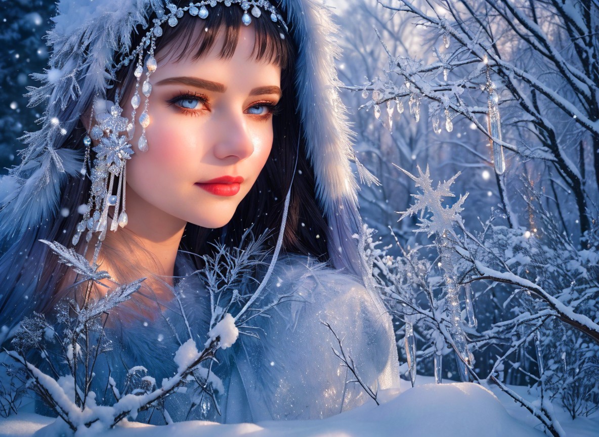 Serene Winter Scene with Young Woman in Ice-Blue Hood