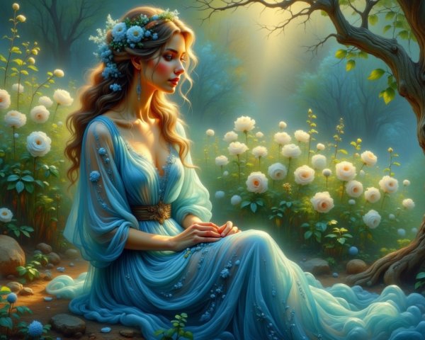 Young Woman in Blue Gown Surrounded by White Roses