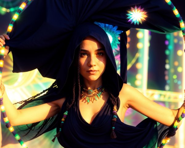 Elegant figure in navy outfit with vibrant hoop lights