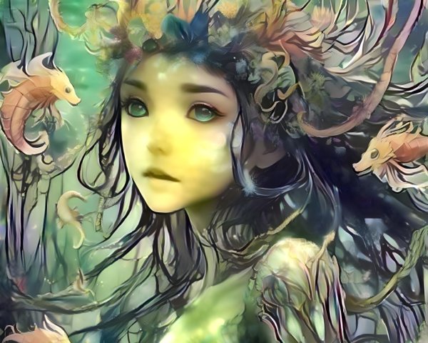 Mystical figure with flowers in an underwater setting