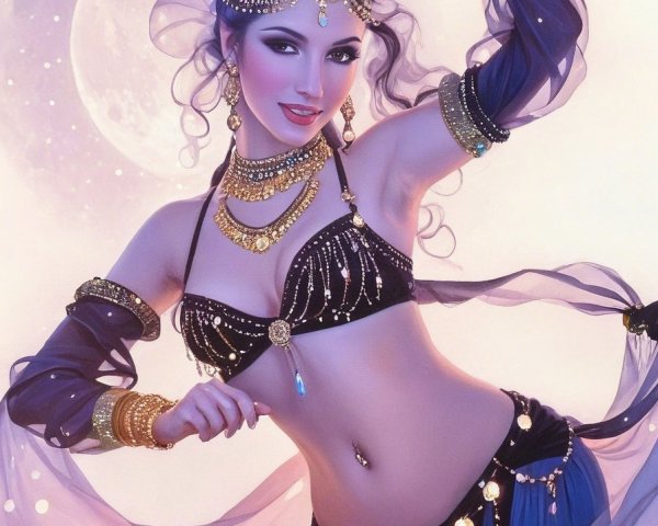 Belly Dancer in Moonlit Setting with Elegant Attire