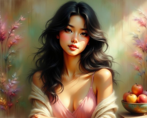 Young woman in pastel setting with floral elements