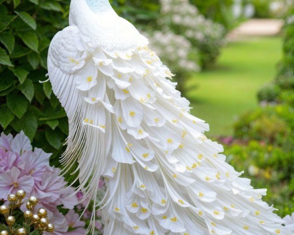 White Peacock Among Lush Greenery and Flowers