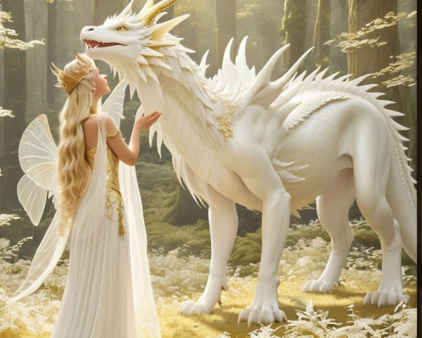 Mystical Forest Scene with Woman and White Dragon