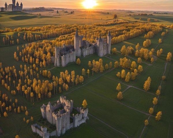Aerial View of Castles Amidst Autumn Landscape