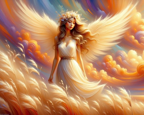 Serene angel in golden grasses under vibrant sky
