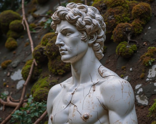 Weathered Male Statue Amidst Moss and Stone Backdrop