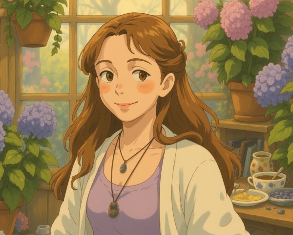 Cozy Scene with Young Woman and Vibrant Hydrangeas