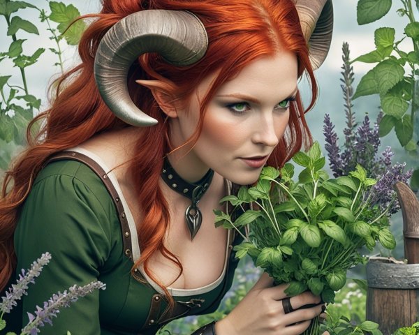 Mystical figure with red hair and horns in nature
