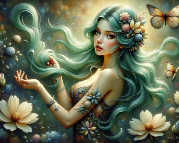 Ethereal Figure with Teal Hair and Butterflies