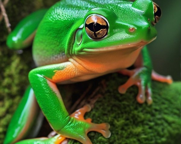 Vibrant Green Frog on Mossy Branch in Natural Habitat