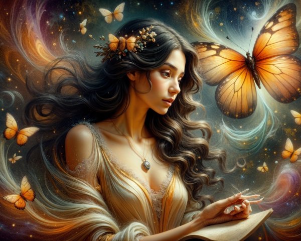 Young woman in gown with flowers and butterflies