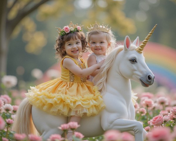 Young girls on unicorn statue in rose field