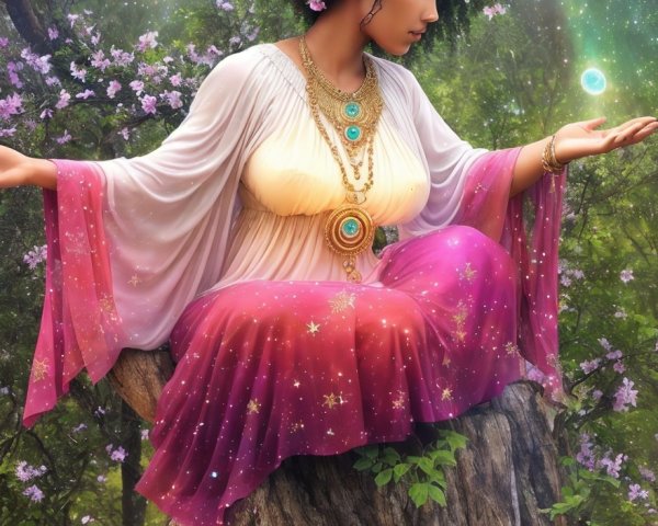 Serene figure on tree stump in mystical forest setting