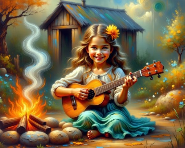 Young girl by campfire playing ukulele in nature