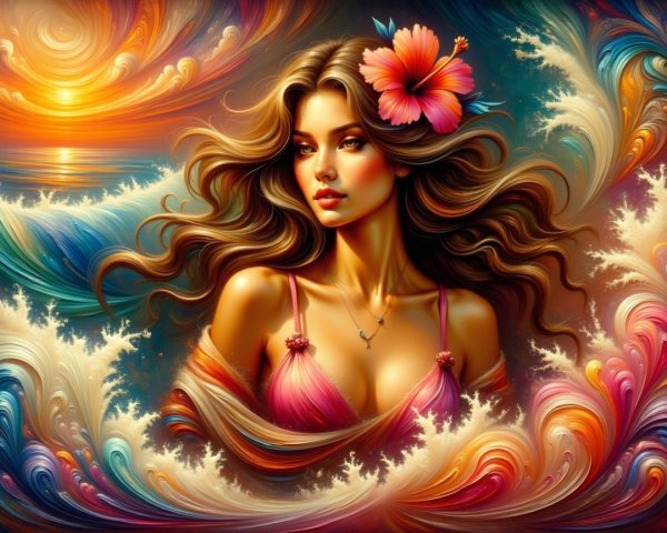 Woman with Hibiscus Flower Against Colorful Sunset Waves