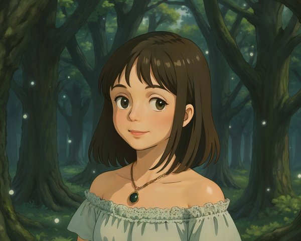 Young girl in mystical forest with glowing orbs