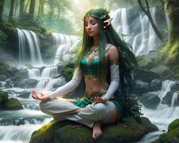 Serene Elf Meditating by a Cascading Waterfall