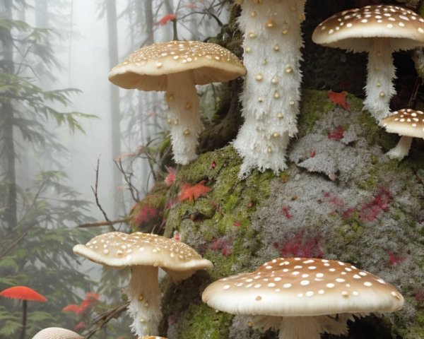 Mushrooms on Mossy Stump in Misty Forest Scene