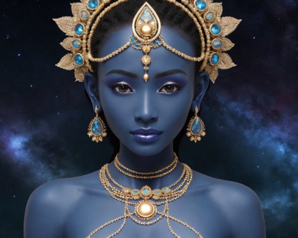 Regal figure with blue skin and cosmic background