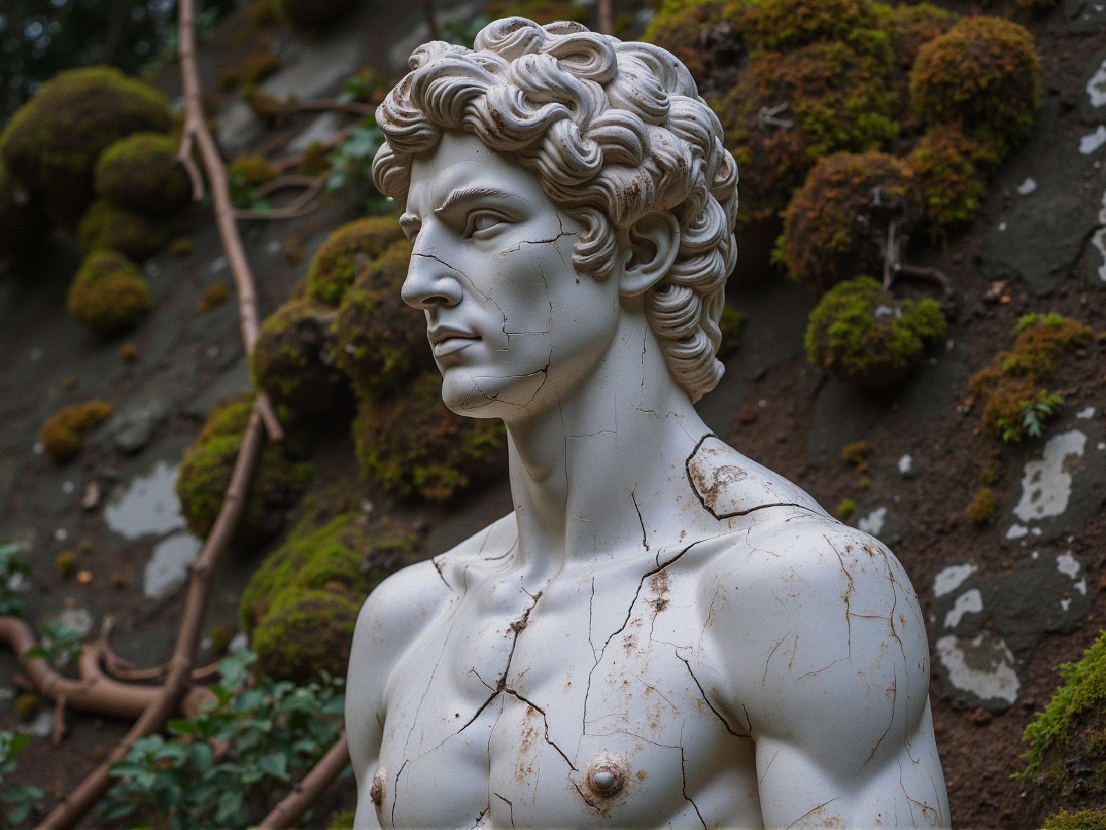 Weathered Male Statue Amidst Moss and Stone Backdrop
