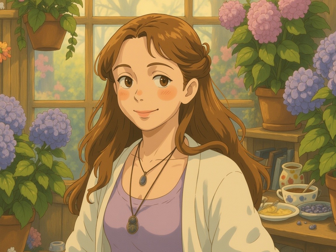 Cozy Scene with Young Woman and Vibrant Hydrangeas