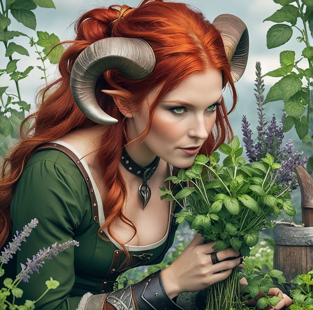 Mystical figure with red hair and horns in nature