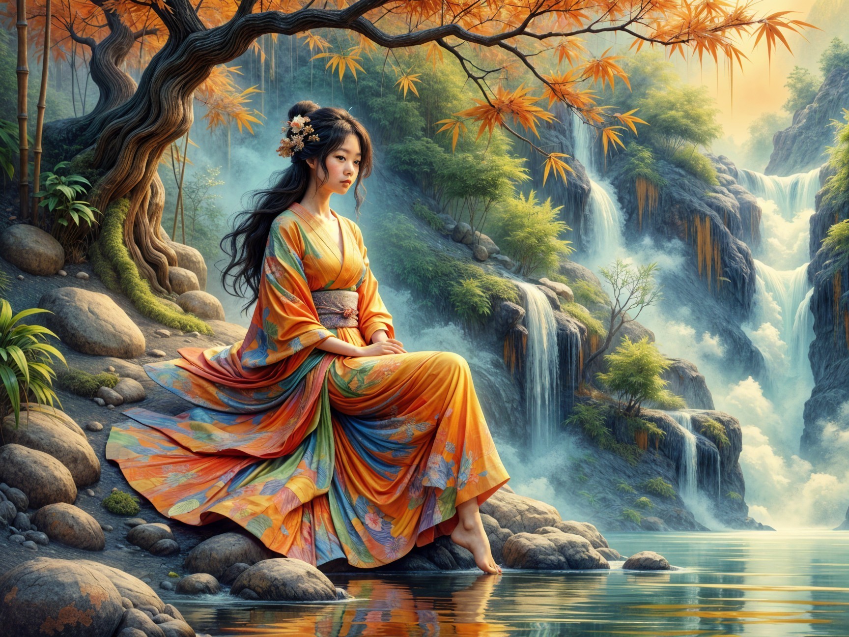 Young Woman in Multicolored Kimono by Tranquil River