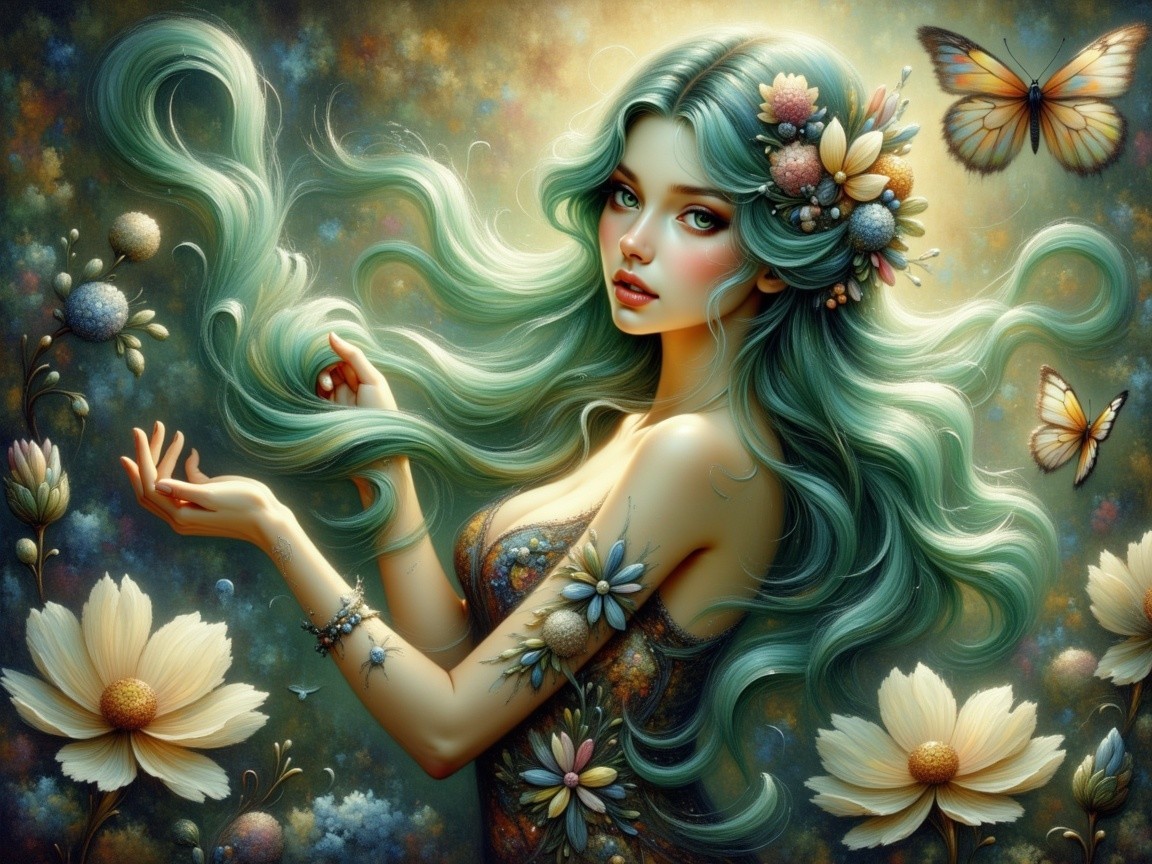 Ethereal Figure with Teal Hair and Butterflies