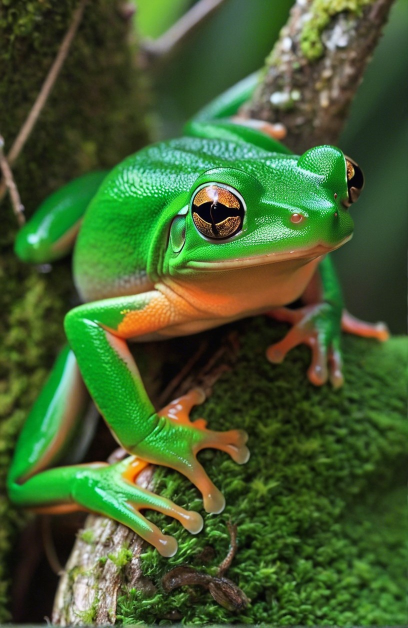 Vibrant Green Frog on Mossy Branch in Natural Habitat