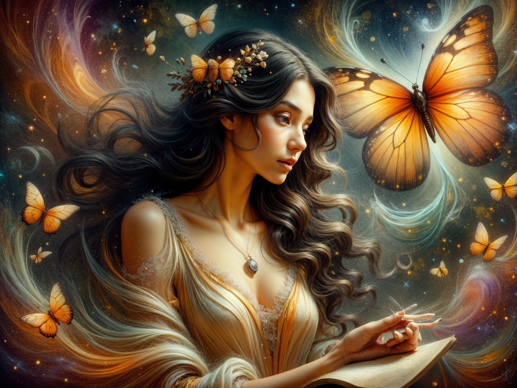Young woman in gown with flowers and butterflies