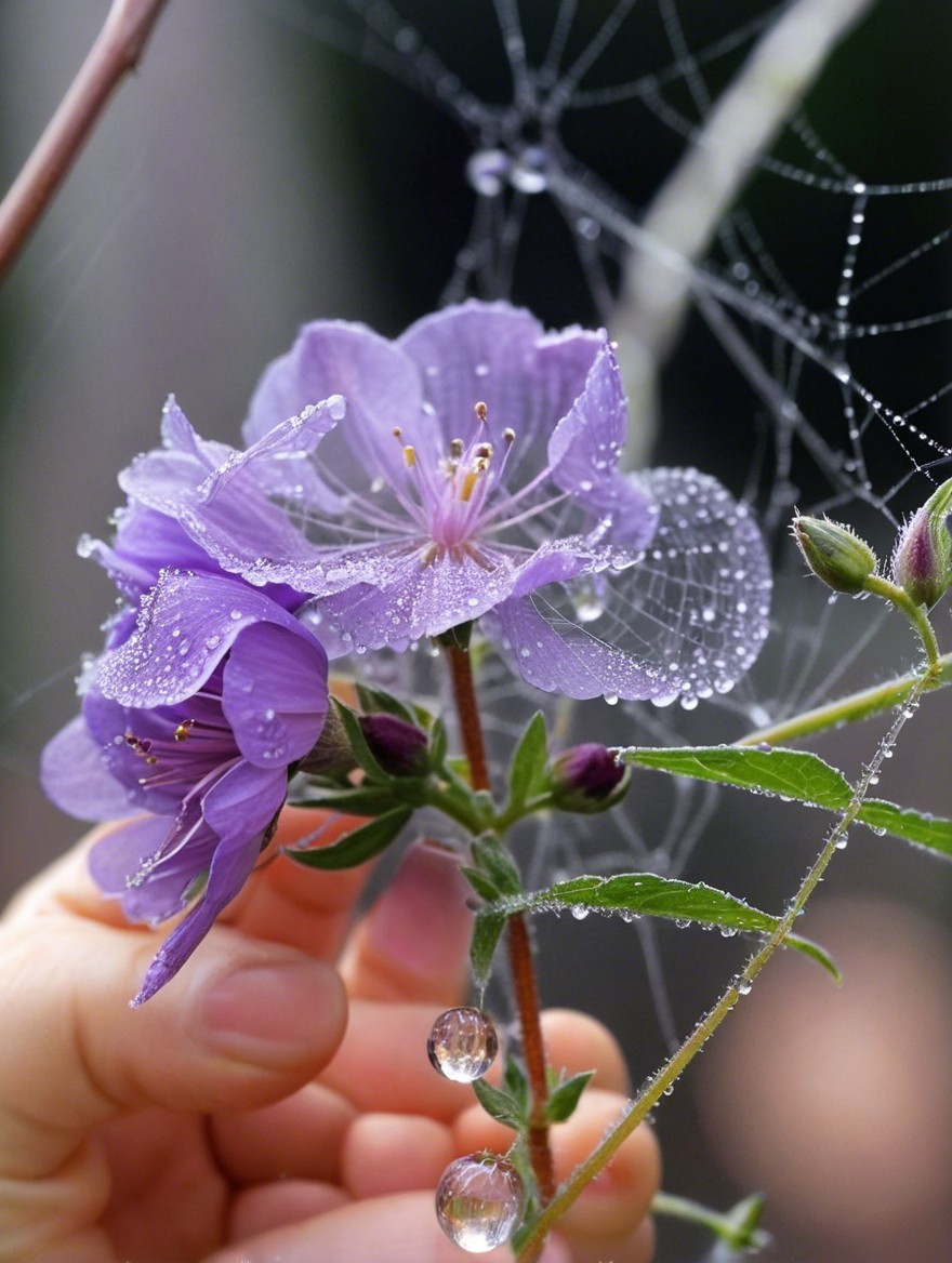 Close-Up of Purple Flowers and Spider's Web Details