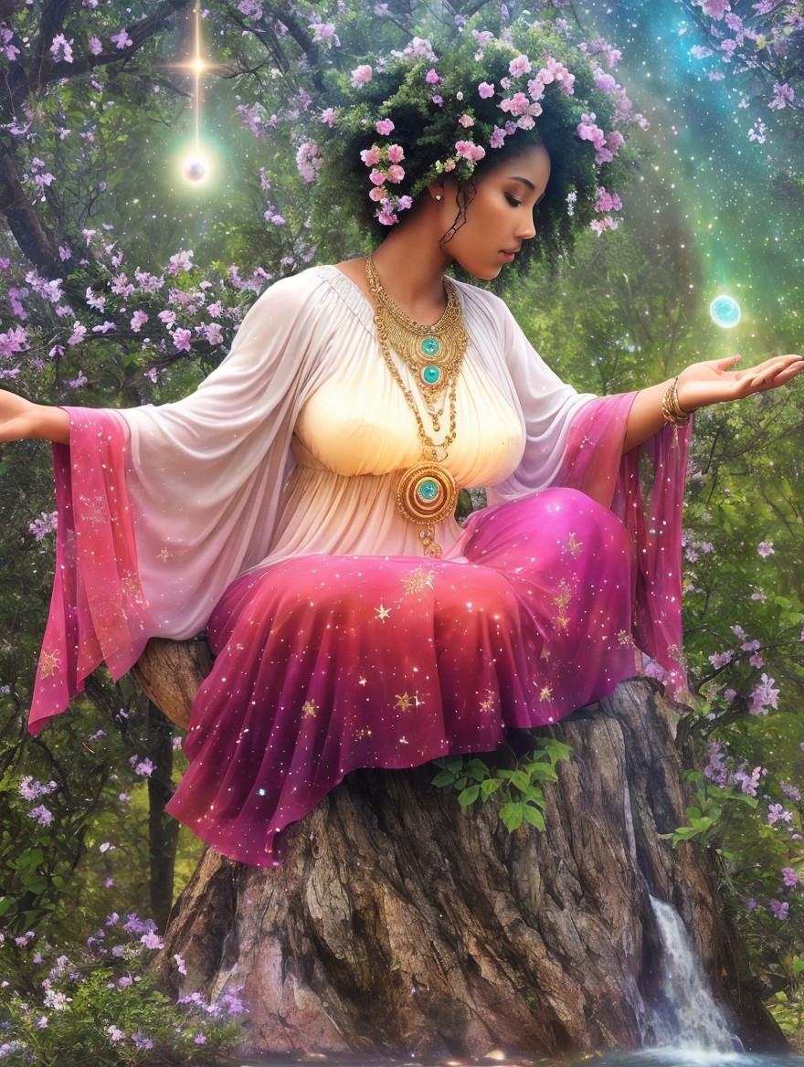 Serene figure on tree stump in mystical forest setting