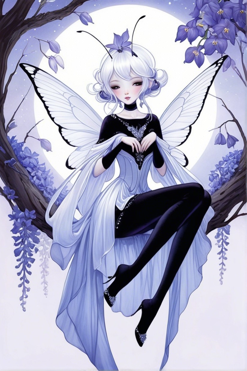 Whimsical Fairy with Butterfly Wings on Tree Branch