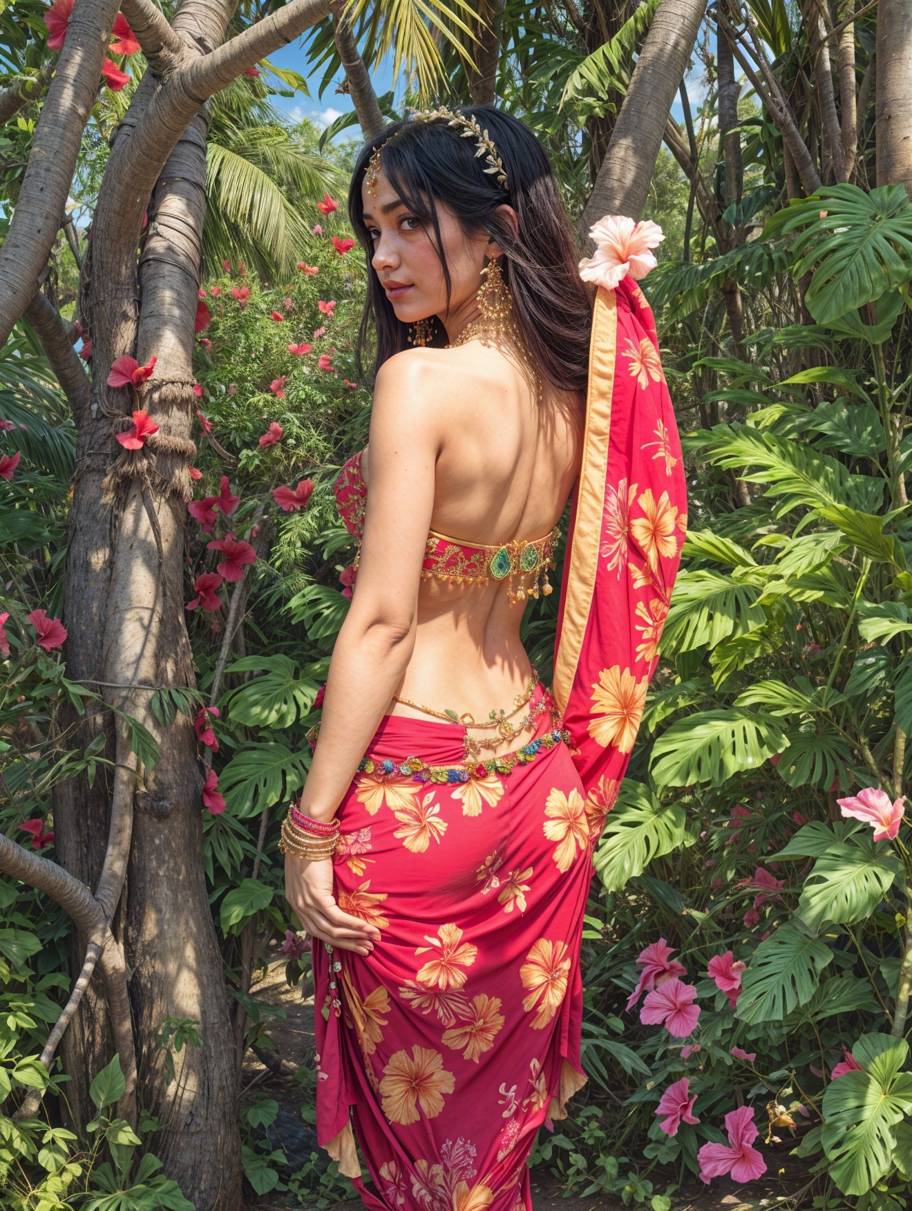 Young woman in red saree among vibrant greenery
