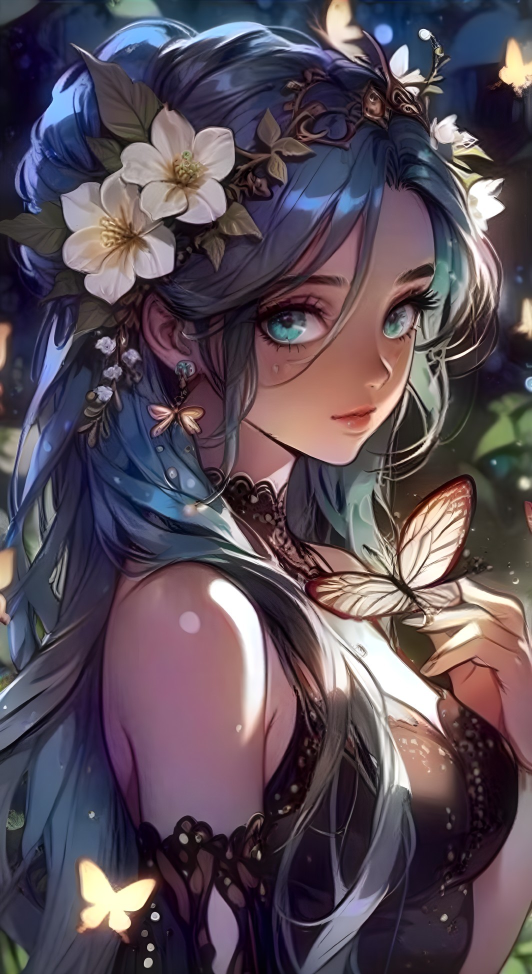 Serene Young Woman with Blue Hair in Dreamy Forest