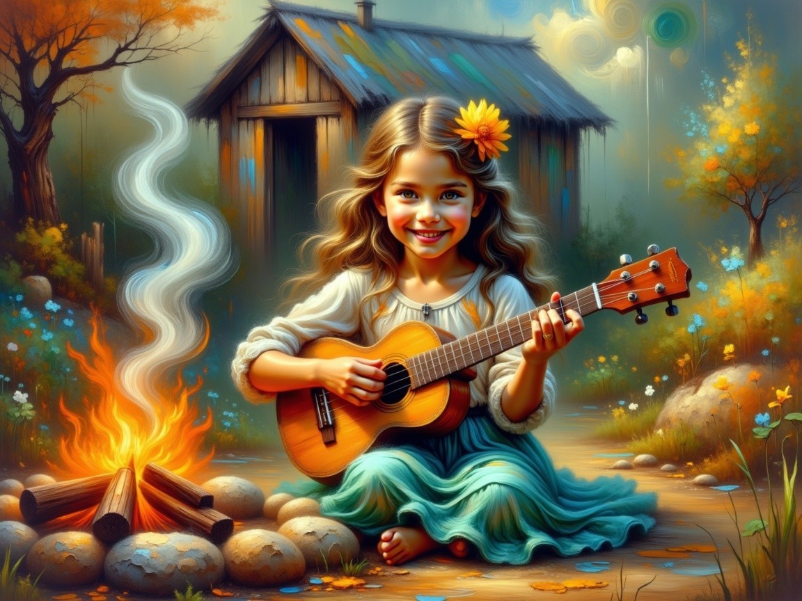 Young girl by campfire playing ukulele in nature