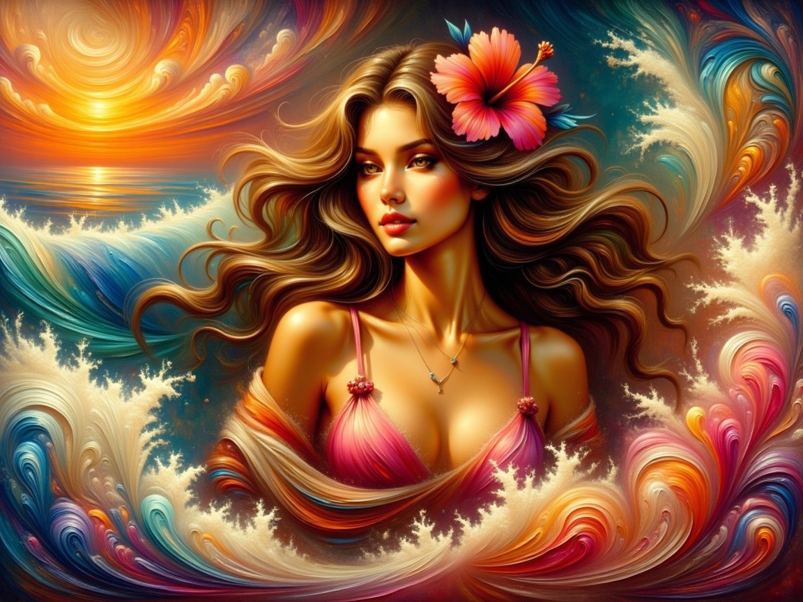 Woman with Hibiscus Flower Against Colorful Sunset Waves