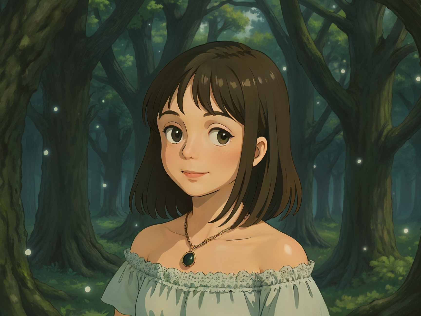 Young girl in mystical forest with glowing orbs
