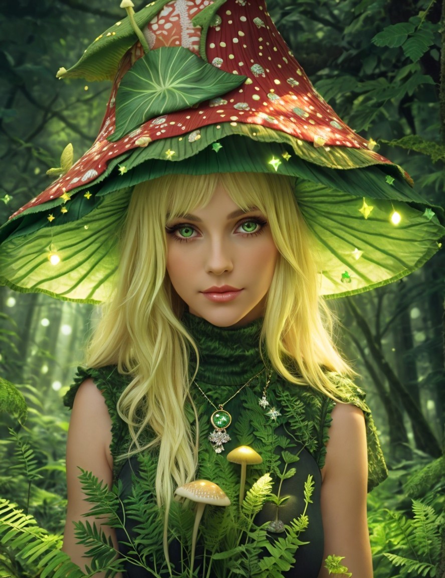 Mystical Being in Lush Forest with Mushroom Hat