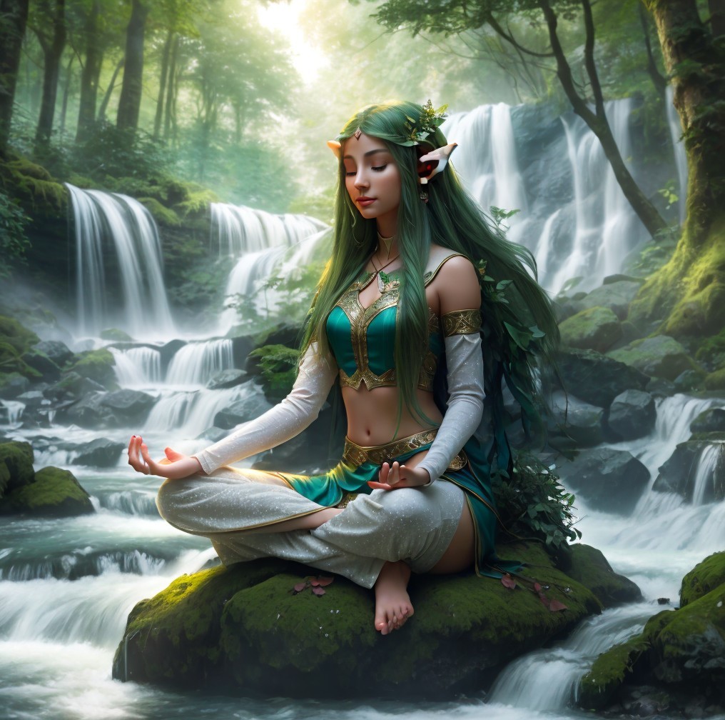 Serene Elf Meditating by a Cascading Waterfall