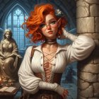 Pirate Woman in Ship's Hold with Treasure Chests