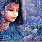 Serene Winter Scene with Young Woman in Ice-Blue Hood