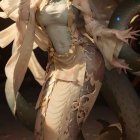 Serene figure in silver gown by tranquil water at night