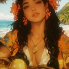 Young woman in vibrant attire on a beach with fruits