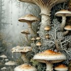 Mushrooms on Mossy Stump in Misty Forest Scene